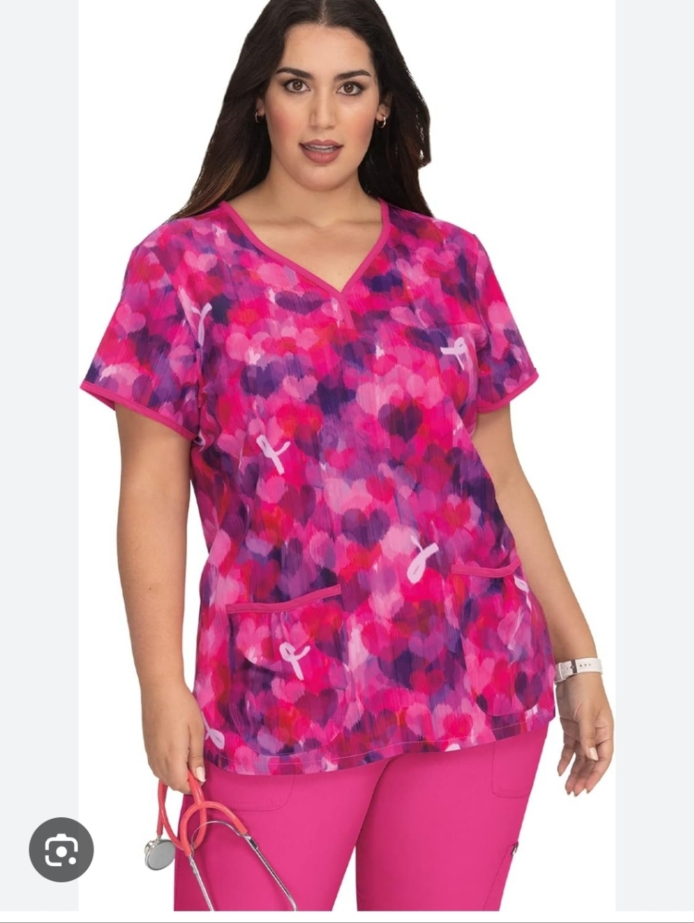 Pink Heart-Print Scrub Top